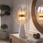 Chromed table lamp with decorative shade in translucent PVC sheets and porcelain marble base