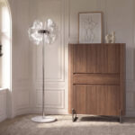 Chromed floor lamp with decorative shade in translucent PVC sheets and porcelain marble base