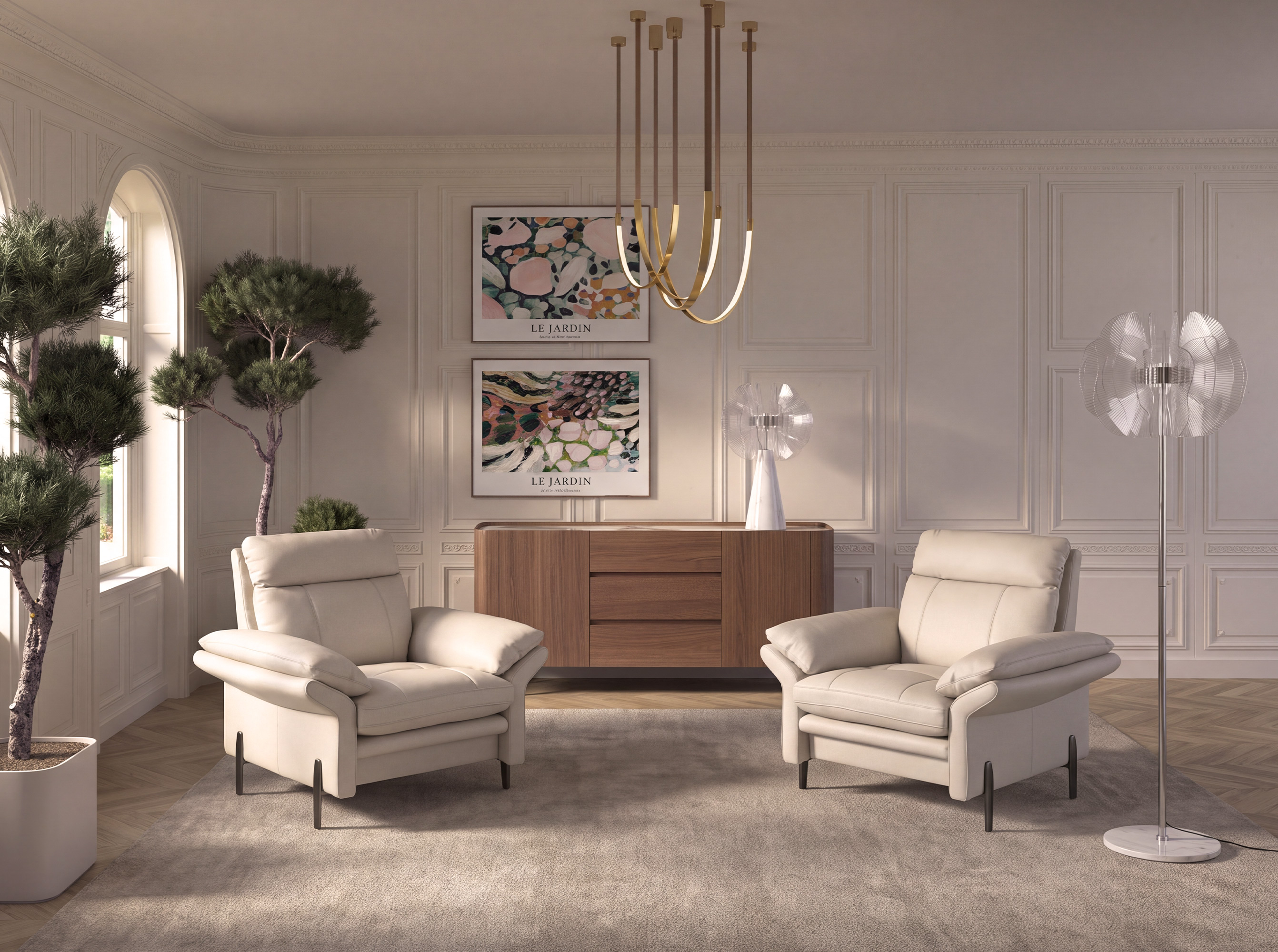 Chromed floor lamp with decorative shade in translucent PVC sheets and porcelain marble base Chromed floor lamp with decorative shade in translucent PVC sheets and porcelain marble base