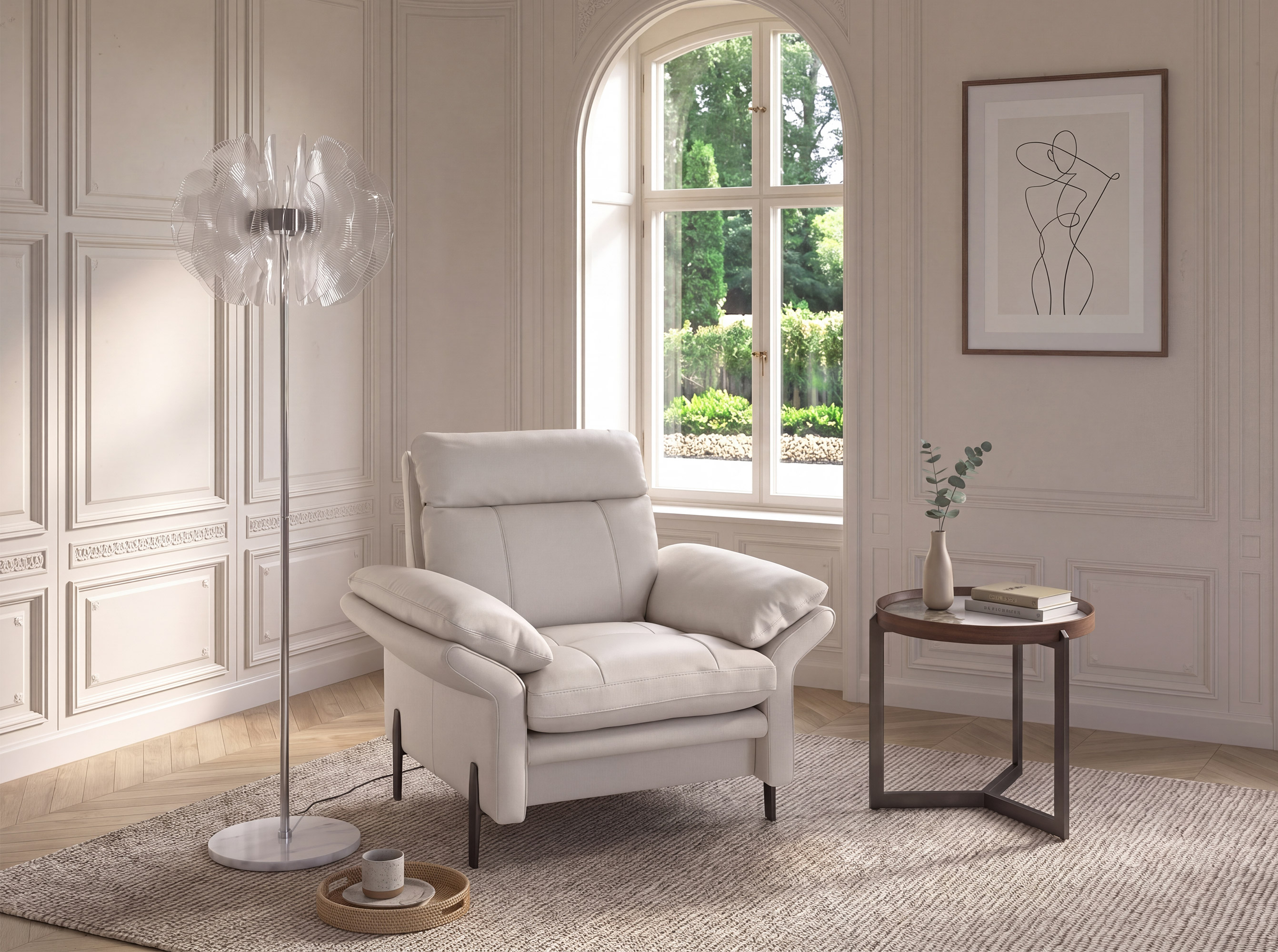 Chromed floor lamp with decorative shade in translucent PVC sheets and porcelain marble base Chromed floor lamp with decorative shade in translucent PVC sheets and porcelain marble base