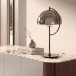 LED table lamp with grey smoked mirror-effect glass shade and alabaster sphere