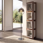 LED floor lamp with grey smoked mirror-effect glass shade and alabaster sphere