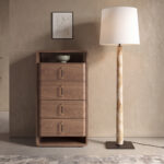 Floor lamp with white shade and burl veneer wrapped body