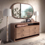 Floor lamp with white shade and burl veneer wrapped body