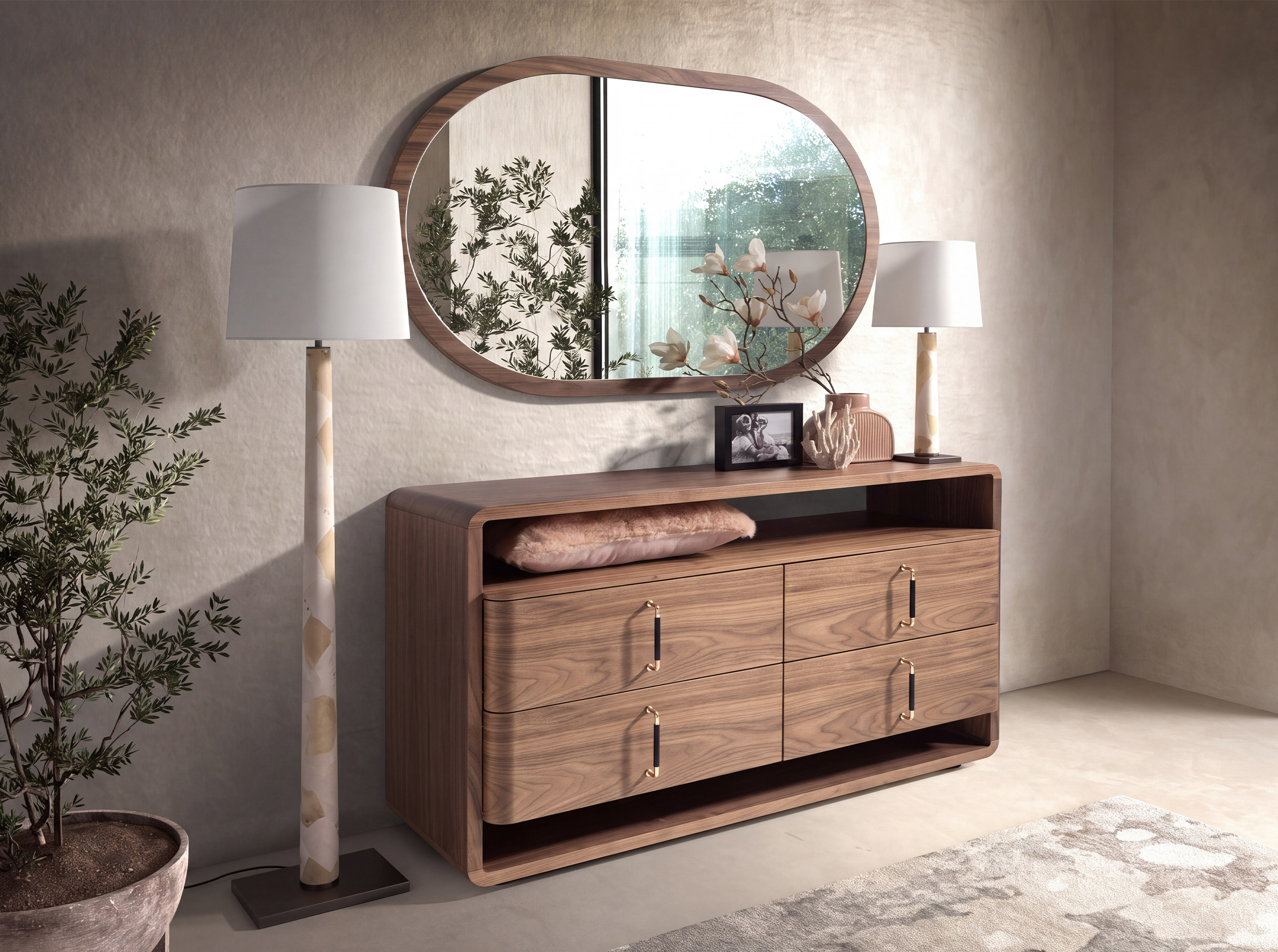 Floor lamp with white shade and burl veneer wrapped body Floor lamp with white shade and burl veneer wrapped body