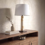 Table lamp with white shade and burl wood veneer body