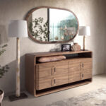 Table lamp with white shade and burl wood veneer body