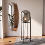 Stehleuchte aus grauem Rauchglas mit Spiegeleffekt und schwarzem Stahl