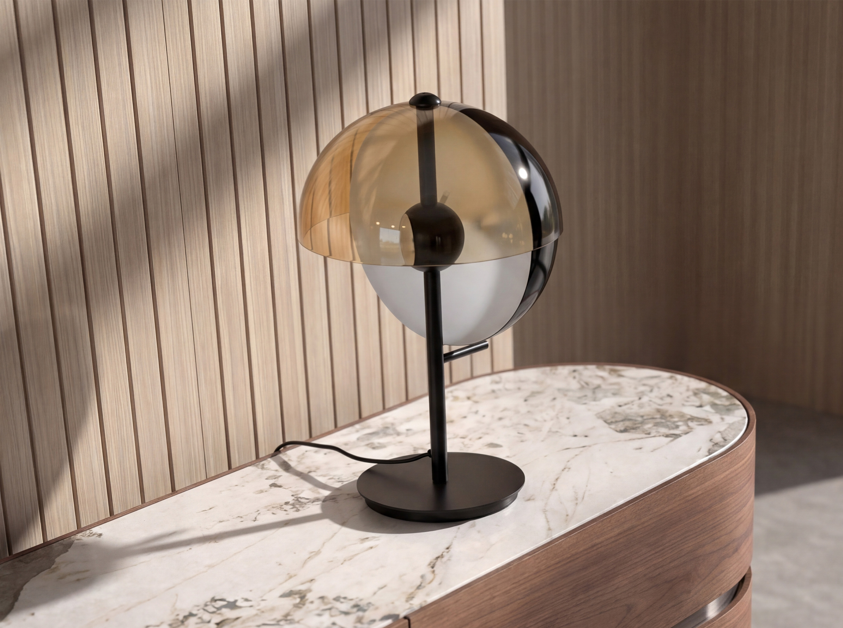 Lámpara sobremesa cristal fumé ámbar y acero negro y blanco con base de acero negro Lámpara sobremesa cristal fumé ámbar y acero negro y blanco con base de acero negro