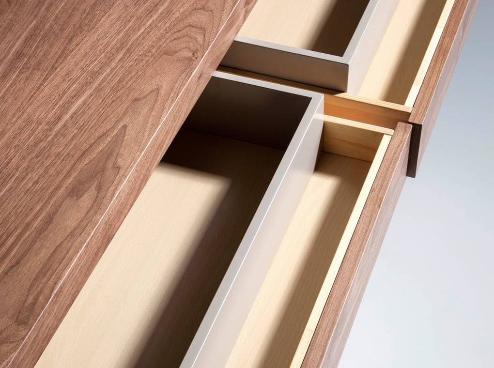 Walnut wood sideboard and light grey doors