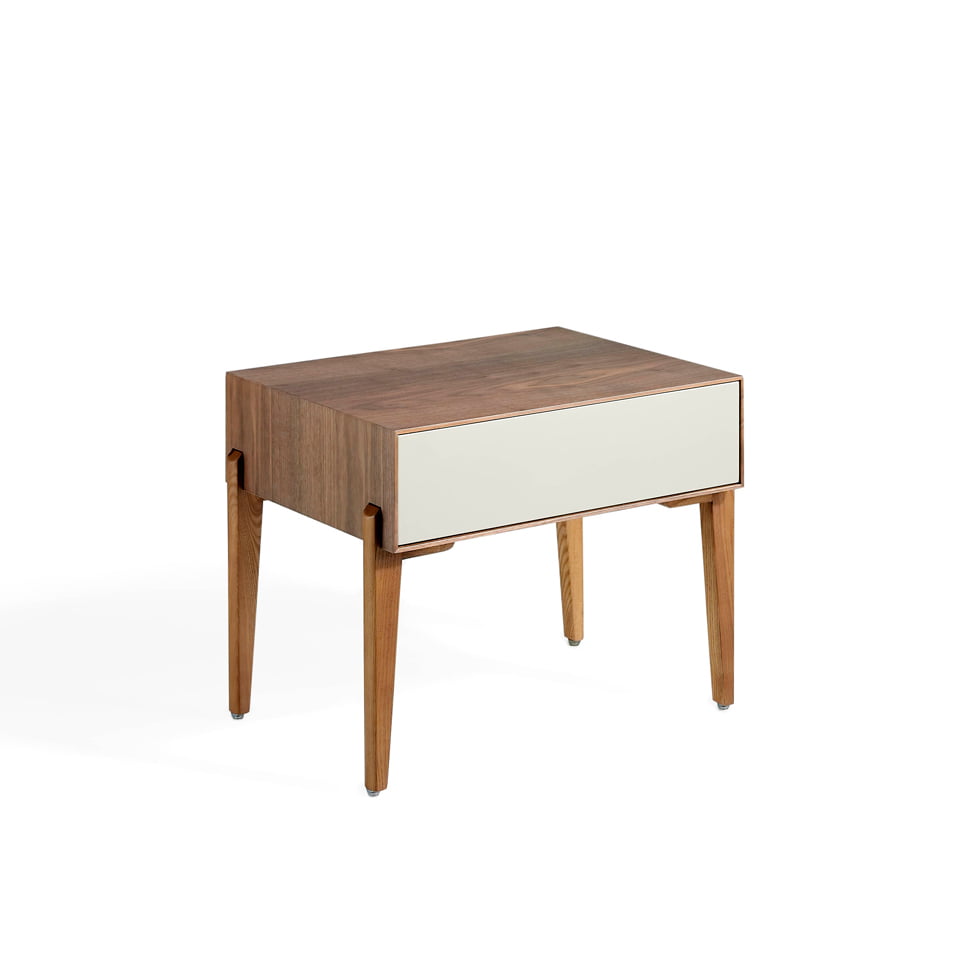 Bedside table with solid wooden legs and a Walnut veneer structure Bedside table with solid wooden legs and a Walnut veneer structure
