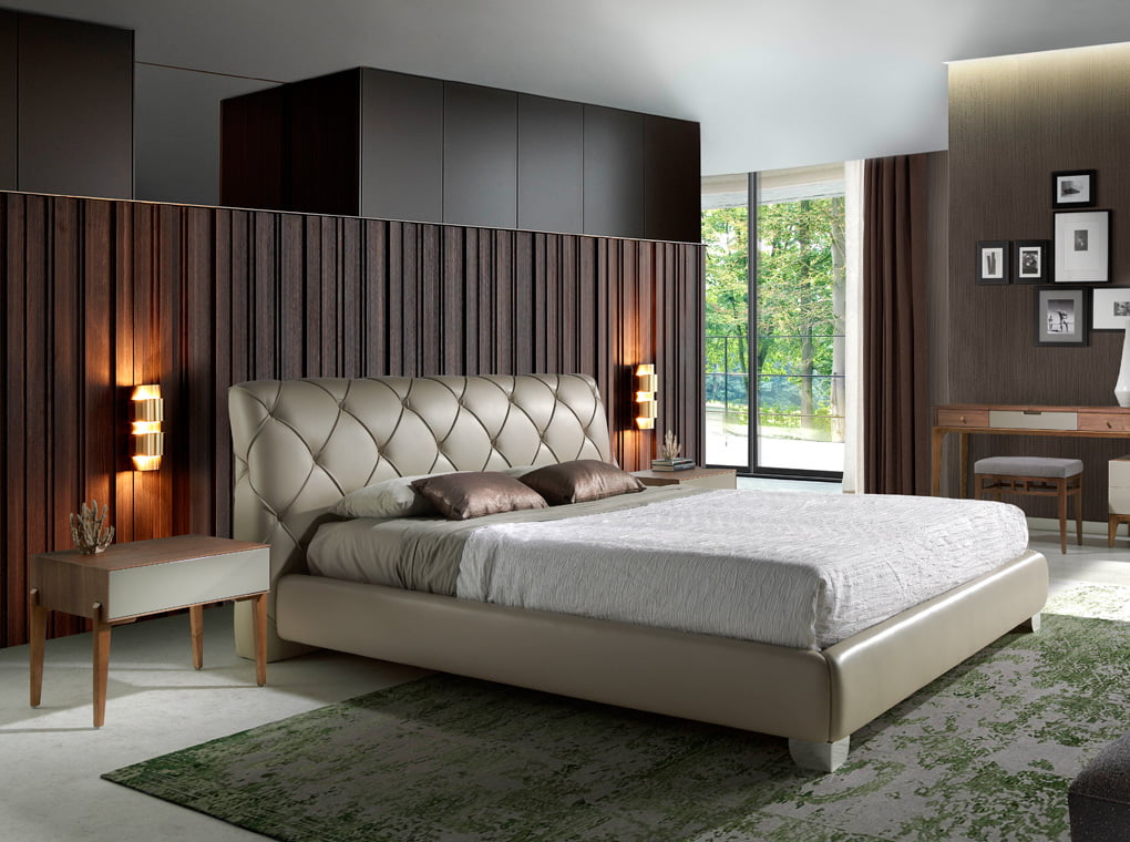 Bedside table with solid wooden legs and a Walnut veneer structure Bedside table with solid wooden legs and a Walnut veneer structure