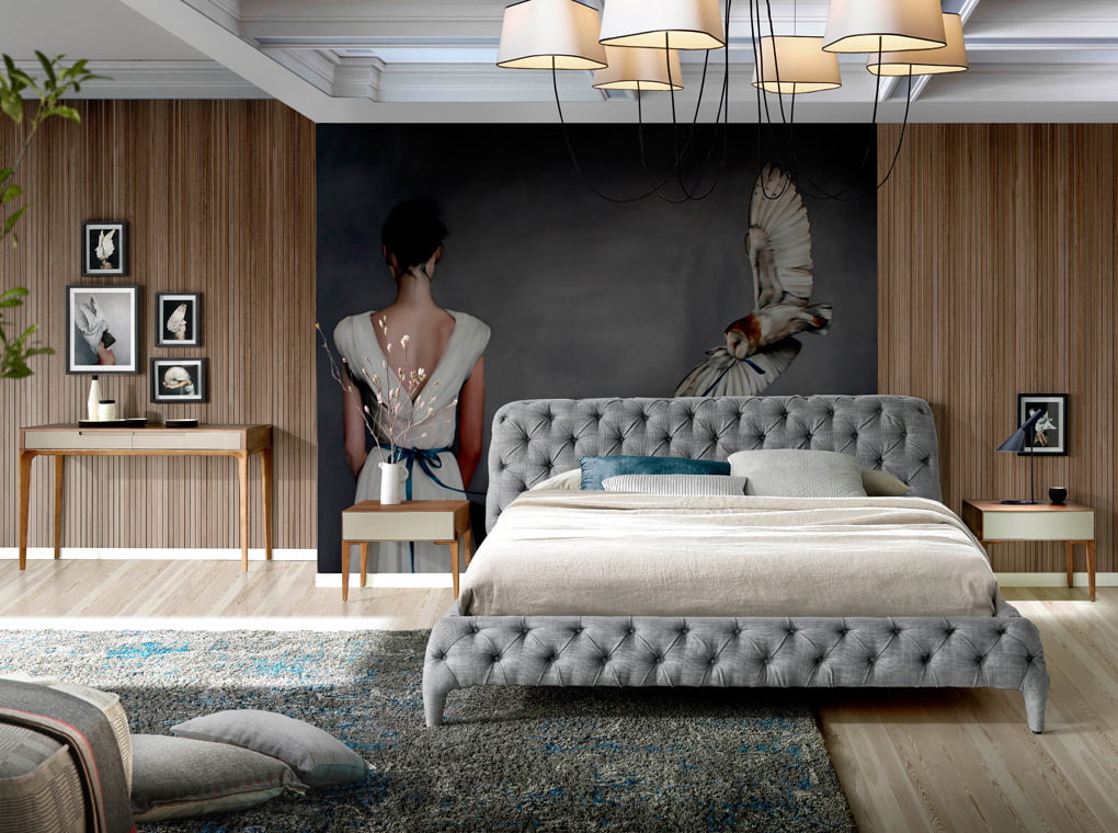 Bedside table with solid wooden legs and a Walnut veneer structure Bedside table with solid wooden legs and a Walnut veneer structure