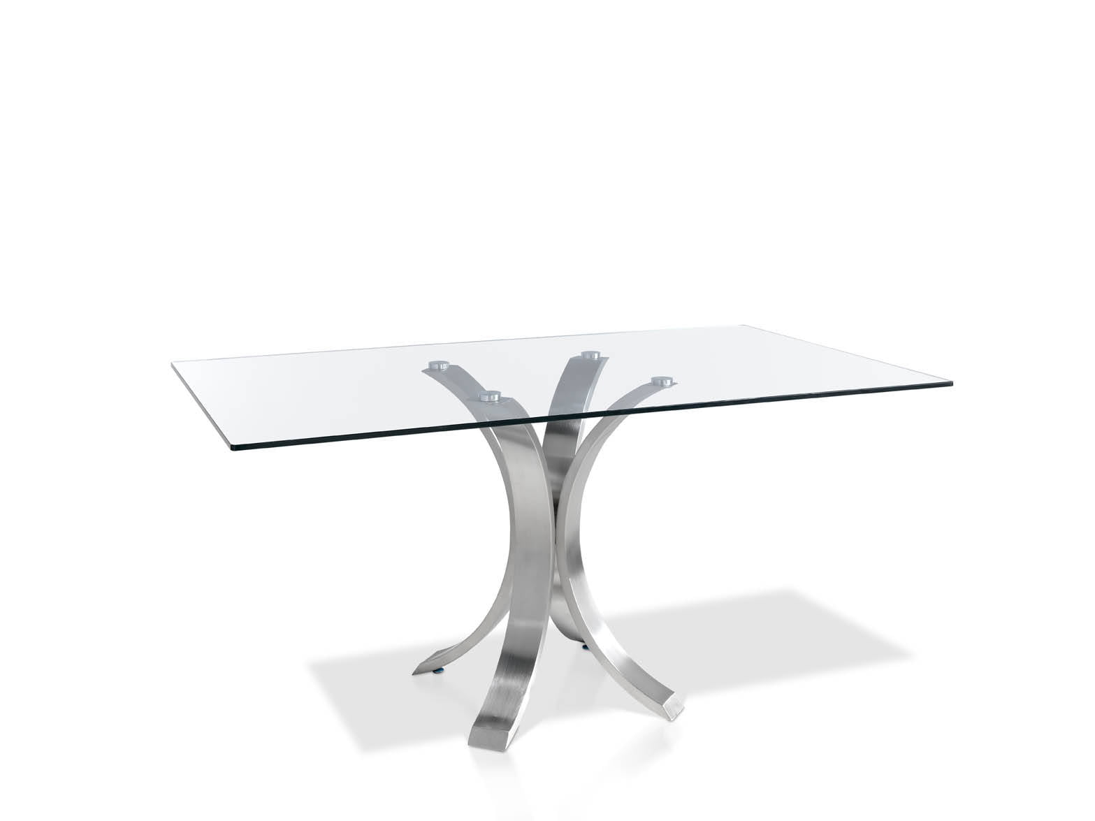 Dining table with polished stainless steel base. Dining table with polished stainless steel base.