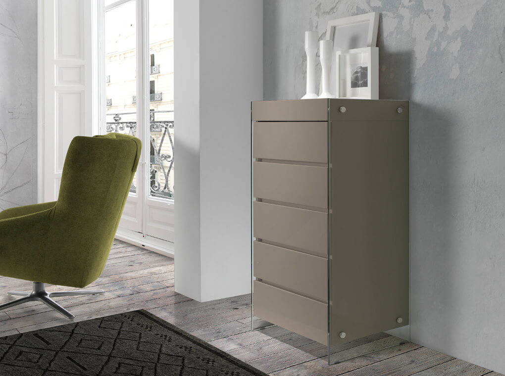 Lacquered Mdf chest of drawers with tempered glass sides Lacquered Mdf chest of drawers with tempered glass sides