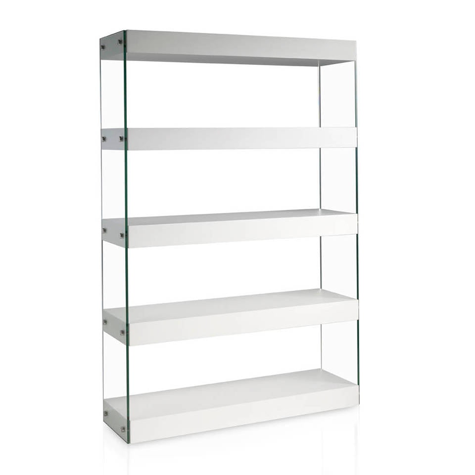 Bücherregal mit Seitenteilen aus gehärtetem Glas. Bücherregal mit Seitenteilen aus gehärtetem Glas.