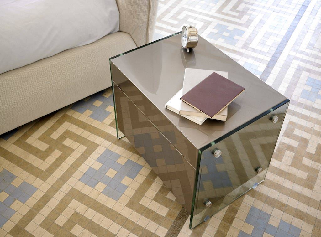 Lacquered Mdf night table with tempered glass sides Lacquered Mdf night table with tempered glass sides
