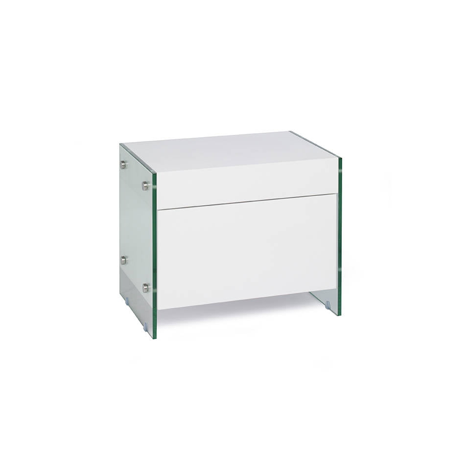 White wooden bedside table and tempered glass