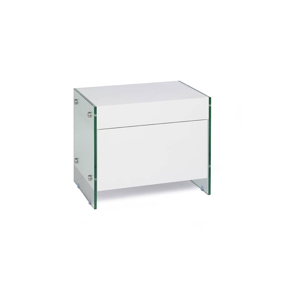 Lacquered Mdf night table with tempered glass sides Lacquered Mdf night table with tempered glass sides