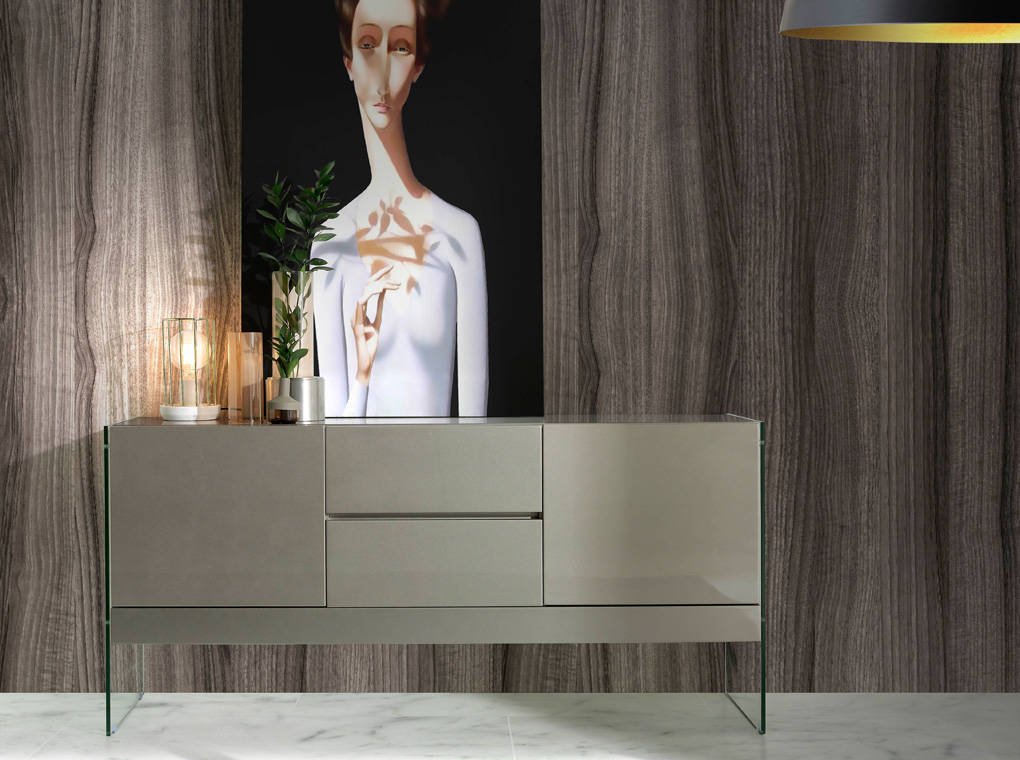 Sideboard in lacquered MDF with tempered glass sides Sideboard in lacquered MDF with tempered glass sides