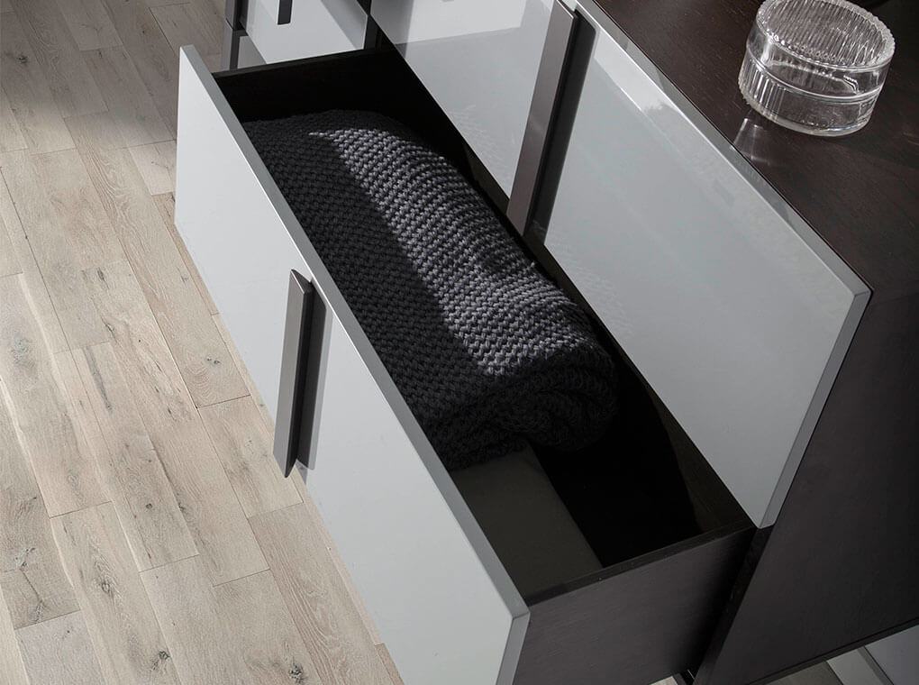 Sideboard with structure in oak veneer painted in wengué and black steel legs Sideboard with structure in oak veneer painted in wengué and black steel legs