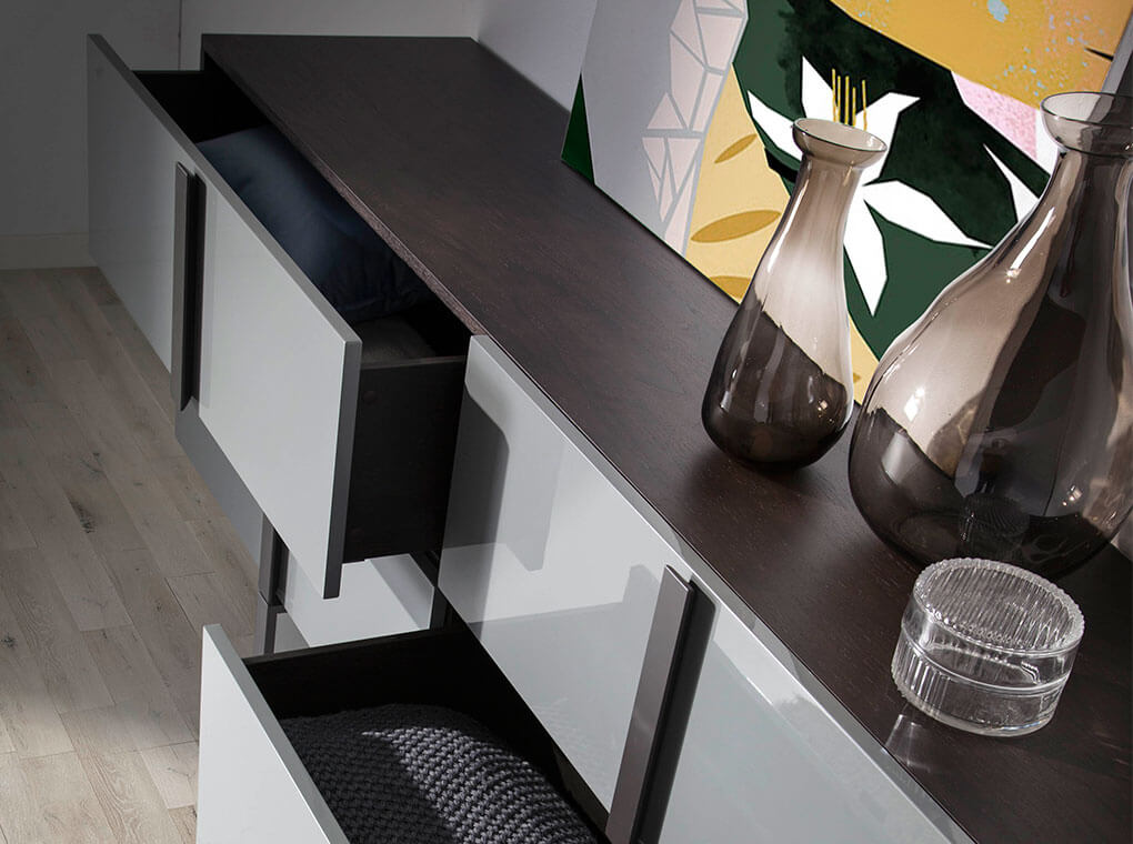 Sideboard with structure in oak veneer painted in wengué and black steel legs Sideboard with structure in oak veneer painted in wengué and black steel legs