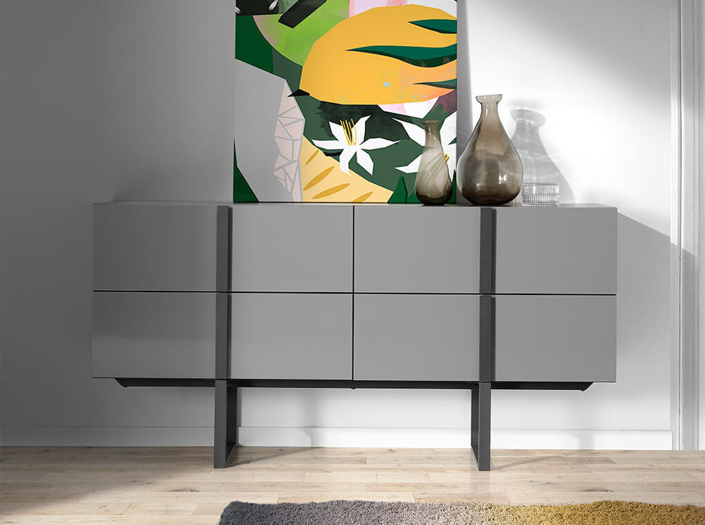 Sideboard with structure in oak veneer painted in wengué and black steel legs Sideboard with structure in oak veneer painted in wengué and black steel legs