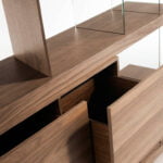 Walnut colored wooden shelf and tempered glass