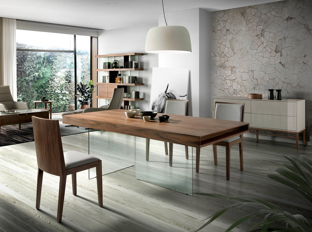 Dining table with walnut-veneered MDF top and tempered glass legs Dining table with walnut-veneered MDF top and tempered glass legs