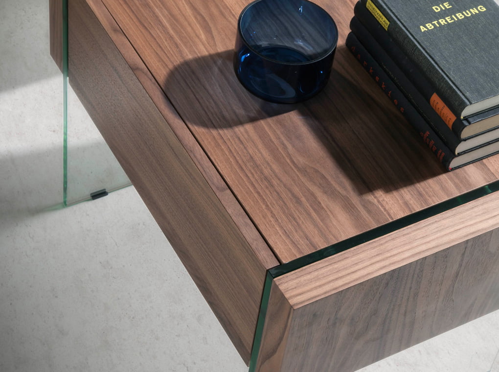 Walnut wood nightstand and tempered glass