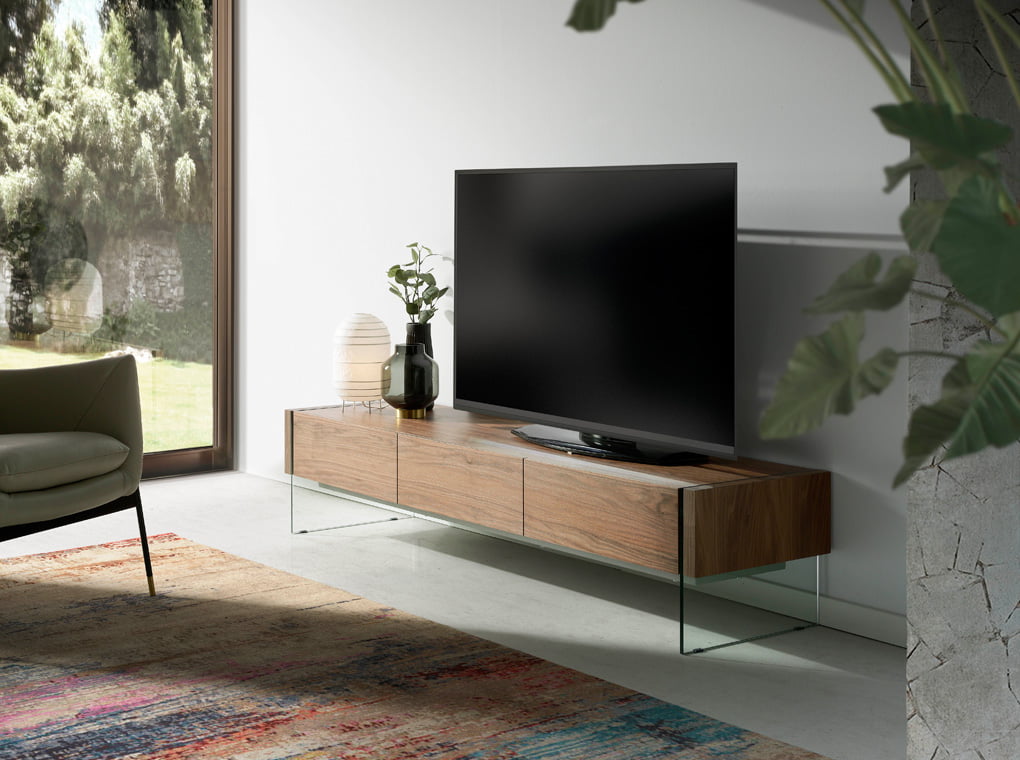 Mueble TV de madera Nogal y cristal templado