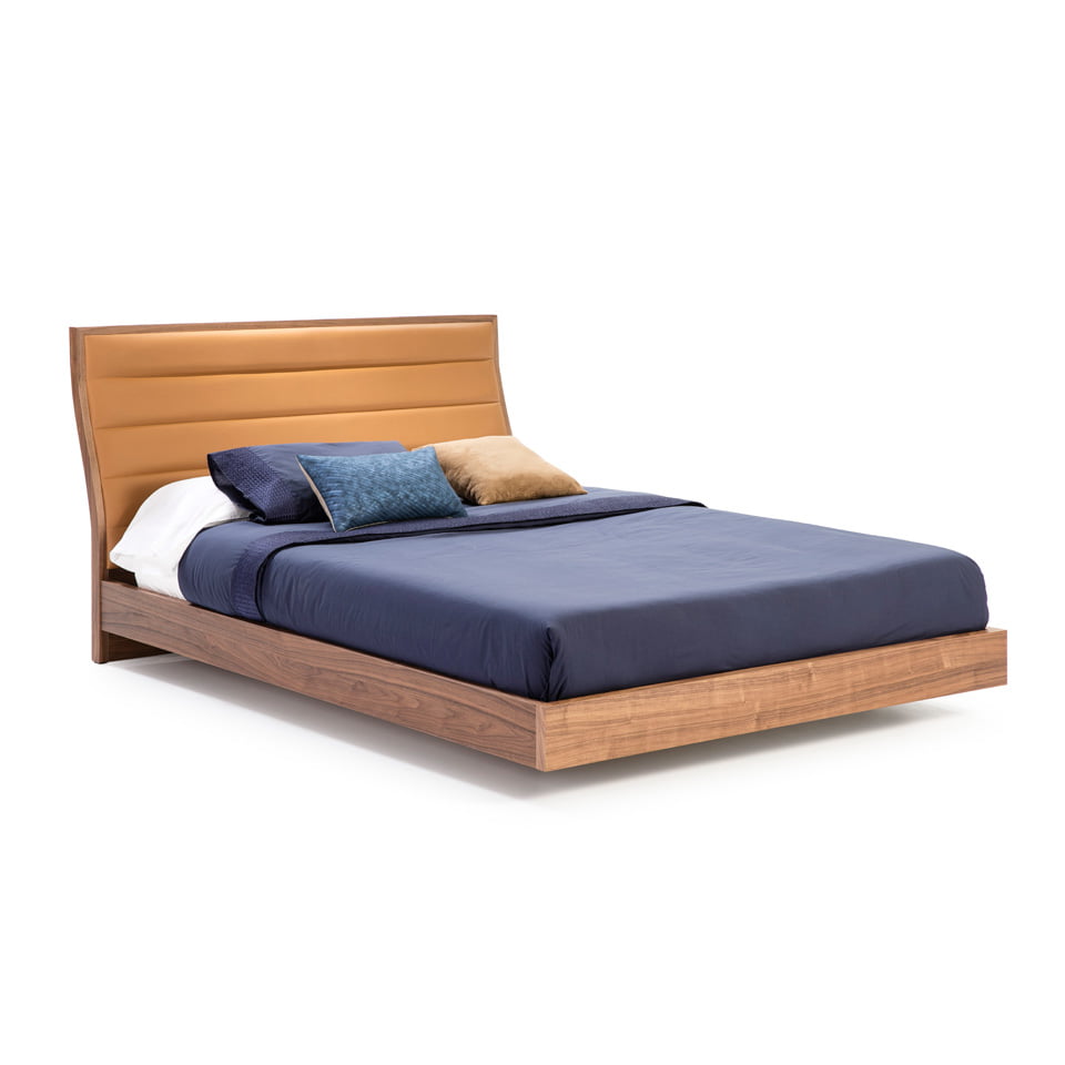 Bed upholstered in leatherette and Walnut wood Bed upholstered in leatherette and Walnut wood