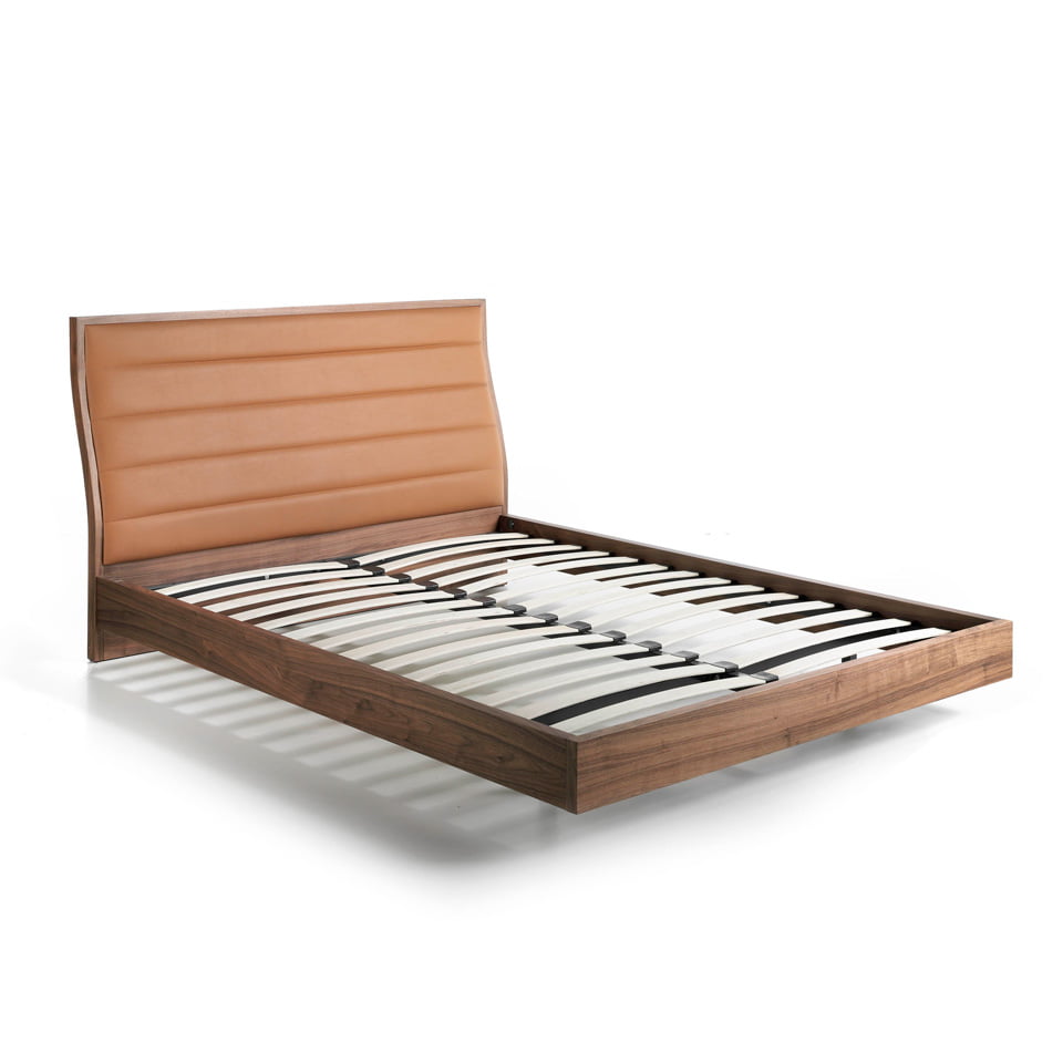 Bed upholstered in leatherette and Walnut wood Bed upholstered in leatherette and Walnut wood