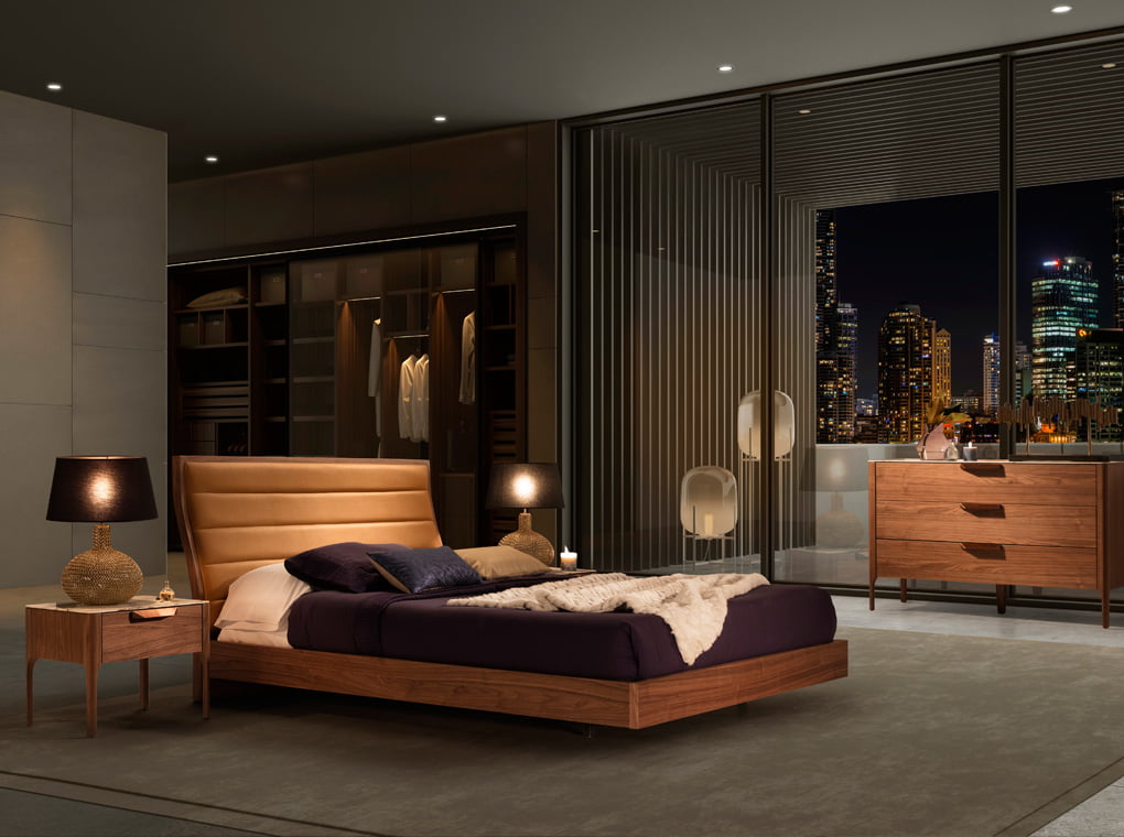 Bed upholstered in leatherette and Walnut wood Bed upholstered in leatherette and Walnut wood