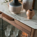 Walnut wood display cabinet and marble-effect fiberglass top