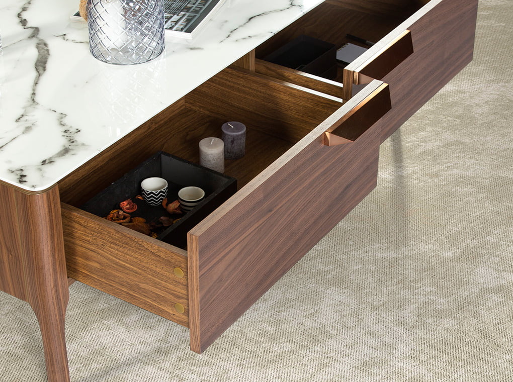 Walnut wood and marble imitation glass coffee table with drawers Walnut wood and marble imitation glass coffee table with drawers