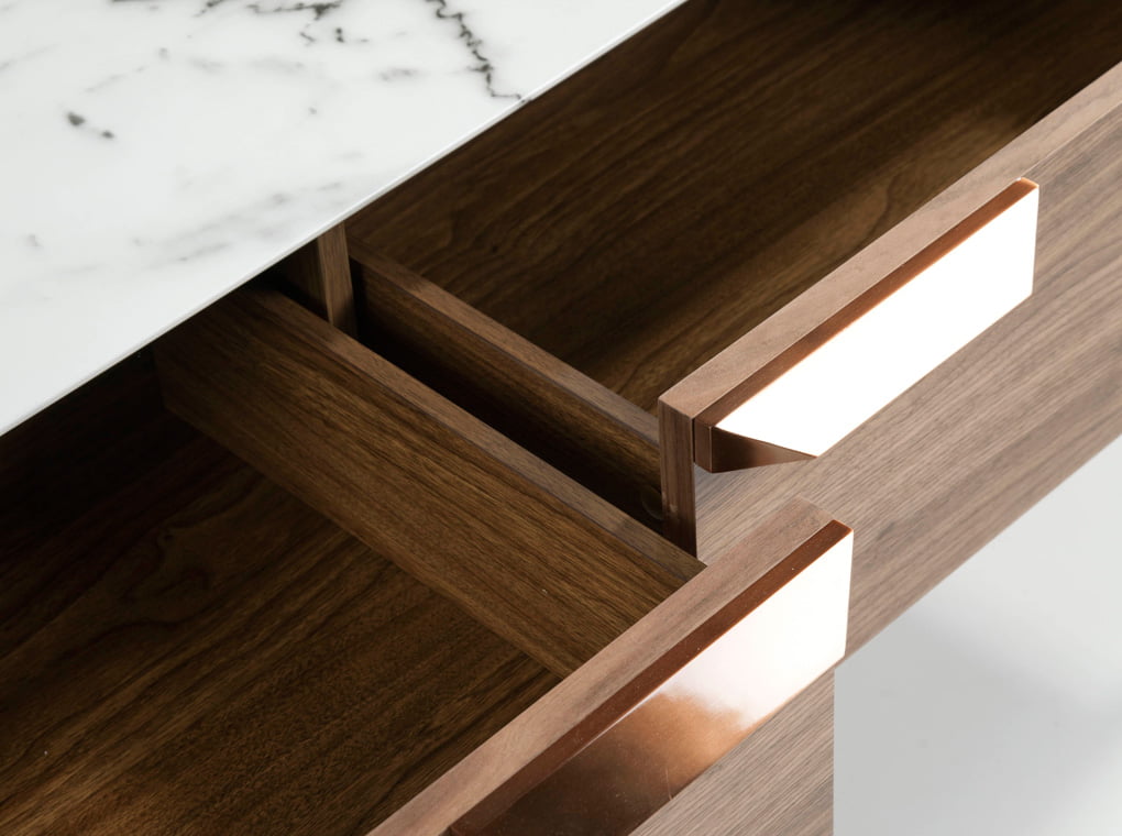 Walnut wood and marble imitation glass coffee table with drawers Walnut wood and marble imitation glass coffee table with drawers