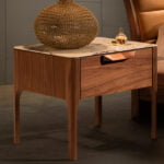 Fiberglass bedside table with Calacatta marble effect and Walnut wood