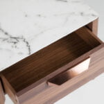 Fiberglass bedside table with Calacatta marble effect and Walnut wood