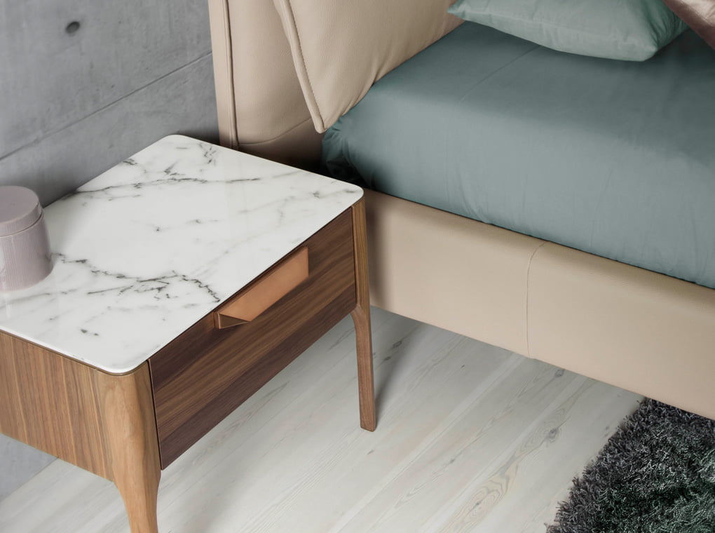 Fiberglass bedside table with Calacatta marble effect and Walnut wood