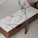 Fiberglass bedside table with Calacatta marble effect and Walnut wood