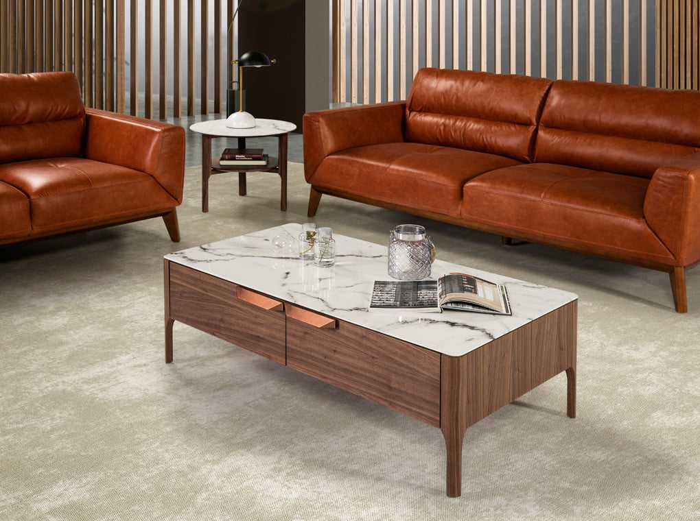 Corner coffee table made of walnut veneered wood with imitation marble glass top Corner coffee table made of walnut veneered wood with imitation marble glass top