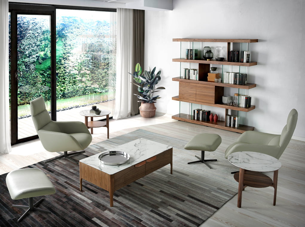 Corner coffee table made of walnut veneered wood with imitation marble glass top Corner coffee table made of walnut veneered wood with imitation marble glass top