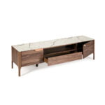 Walnut wood TV cabinet and fiberglass top with Calacatta marble effect