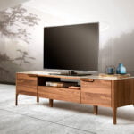 Walnut wood TV cabinet and fiberglass top with Calacatta marble effect