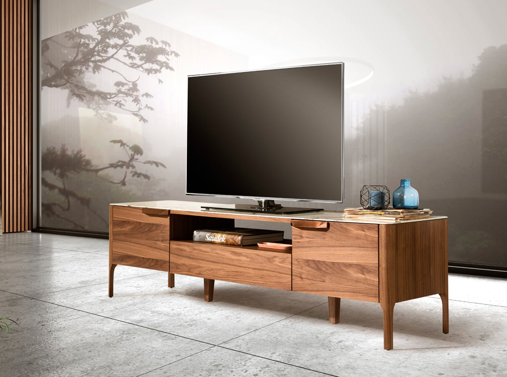 Walnut wood TV cabinet and fiberglass top with Calacatta marble effect