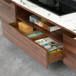 Walnut wood TV cabinet and fiberglass top with Calacatta marble effect