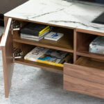 Walnut wood TV cabinet and fiberglass top with Calacatta marble effect