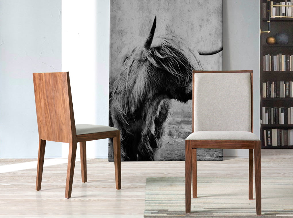 Upholstered chair in fabric in walnut veneered wood Upholstered chair in fabric in walnut veneered wood
