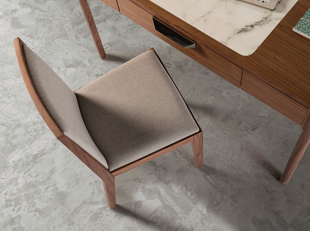 Upholstered chair in fabric in walnut veneered wood Upholstered chair in fabric in walnut veneered wood